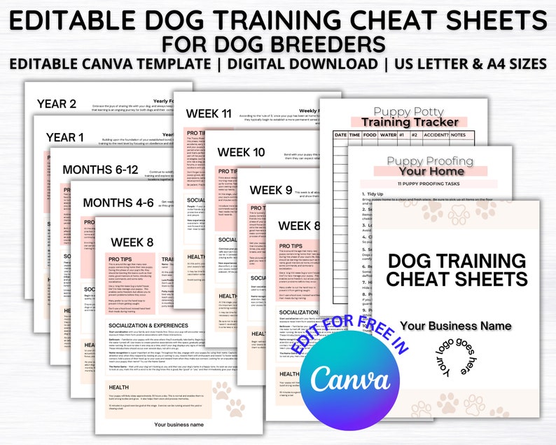 May include: A set of printable dog training cheat sheets for dog breeders. The sheets are pink and white with paw prints and the text "Dog Training Cheat Sheets" in a pink box. The text "Edit for Free in Canva" is in a pink circle with a white paw print.