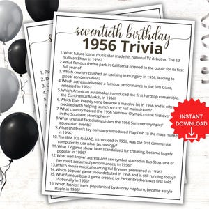 1956 Trivia Game, 70th Birthday Party Games, Born in 1956 Game, 1956 Birthday Games, 70th Birthday Games, 1956 Pop Culture
