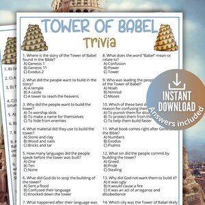 Jogo de perguntas e respostas sobre a Torre de Babel para crianças, jogos bíblicos para escola dominical, atividade do Antigo Testamento, jogo para arrecadação de fundos da igreja, lição de Gênesis para ensino domiciliar BB1