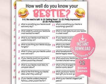 Może przedstawiać: Biała karta do gry z tytułem How well do you know your BESTIE?, dwoma śmiejącymi się emoji, dwudziestoma numerowanymi pytaniami o przyjaciela, skalą punktową oraz różową okrągłą odznaką z napisem INSTANT DOWNLOAD Great Friends Game.