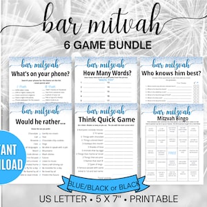 May include: A printable game bundle for a bar mitzvah celebration. The bundle includes six games: What's on Your Phone?, How Many Words?, Who Knows Him Best?, Would He Rather..., Think Quick Game, and Mitzvah Bingo. The games are printed on white paper with blue and silver glitter accents. The text "bar mitzvah" is printed in blue and silver glitter on each game card. The text "6 Game Bundle" is printed in black at the top of the page. The text "Instant Download" is printed in black at the bottom of the page. The text "US Letter - 5 x 7" - Printable" is printed in black at the bottom of the page.
