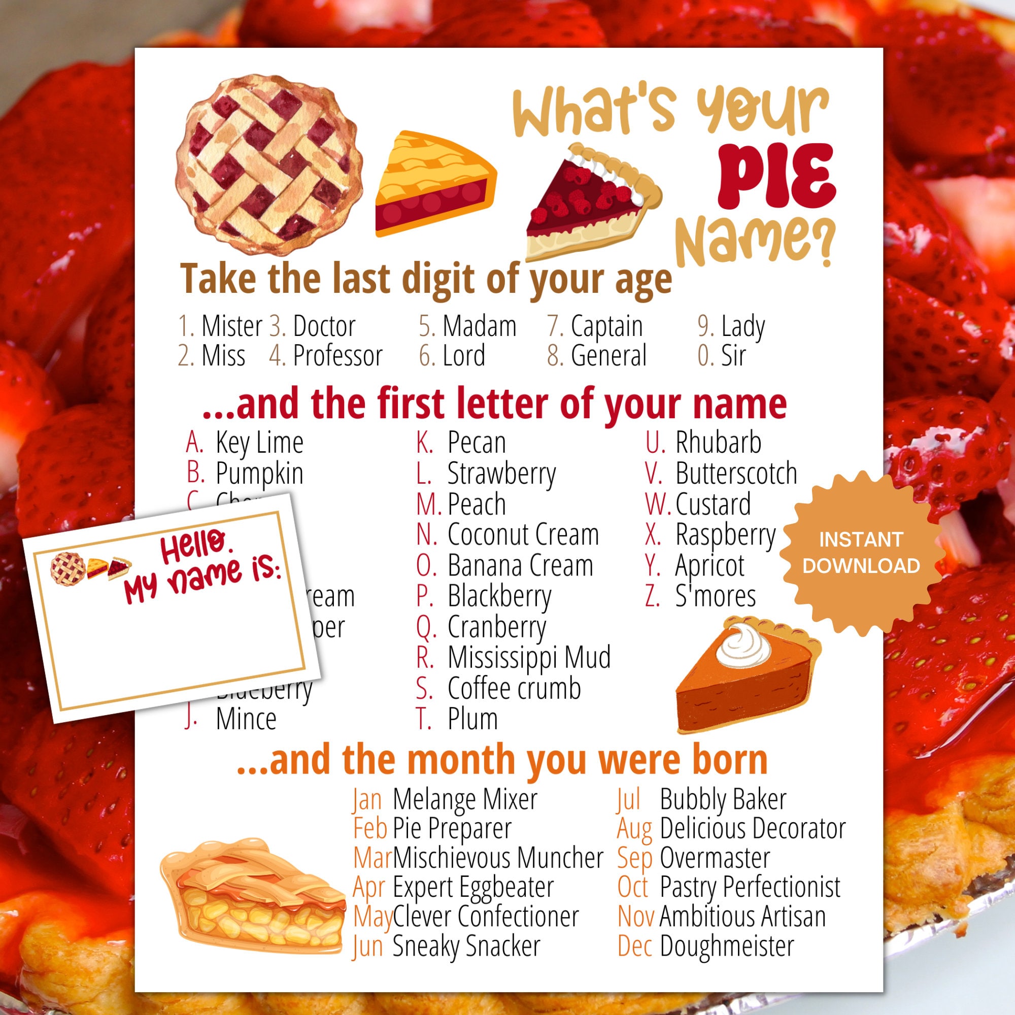 What's Your Pie Name Game WITH NAMETAGS SIGN, Pie Holiday Party Game