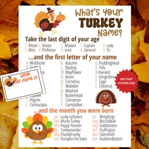 May include: A white game sheet titled What's your TURKEY Name? featuring cartoon turkeys and pumpkins. It includes instructions to combine age, name, and birth month to create a name, plus a small Hello My name is name tag graphic.