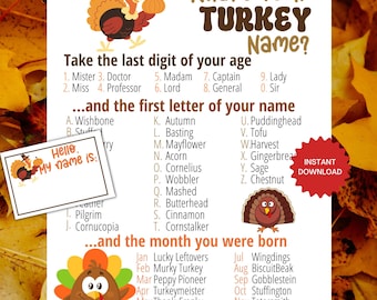 Peut inclure: Une feuille de jeu blanche intitulée What's your TURKEY Name? avec des dindes et des citrouilles en dessin animé. Elle inclut des instructions pour combiner l'âge, le nom et le mois de naissance, avec une étiquette Hello My name is.