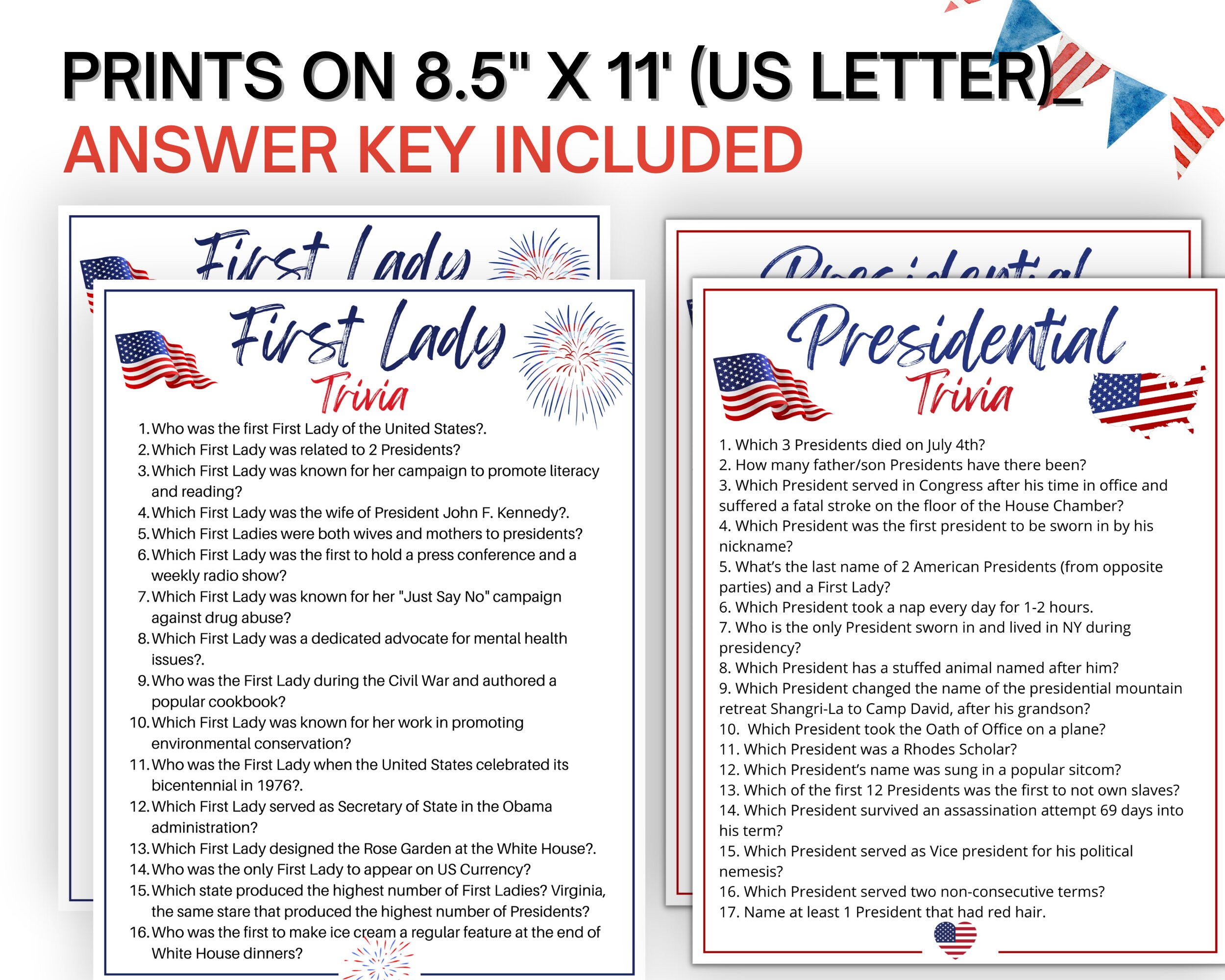 Presidents Day Trivia, Presidential and First Lady Trivia Game ...