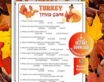 May include: A printed Turkey Trivia Game sheet featuring orange text, illustrations of turkeys, and thirteen multiple-choice questions about turkeys. A circular orange and red badge on the right side displays the text Instant Download and Answers included.