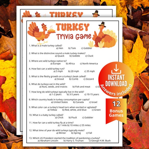 Turkey Trivia Game, Thanksgiving Party Game, Fall Trivia Game, Friendsgiving Family Trivia Game for kids and adults,Printable Classroom Game