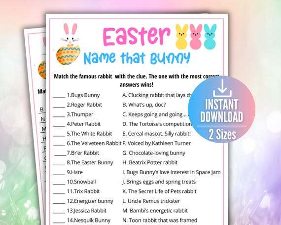 Easter Name That Bunny Trivia Game,Easter Celebration Games,Famous Rabbits, Easter Sunday Games,Printable Easter Egg Games,Easter Party Game