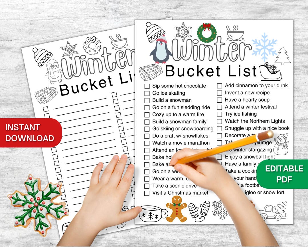 Winter Bucket List Printable - Editable PDF, Fun Winter Activities, Snow Day Ideas, Winter to Do ...