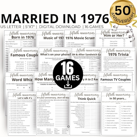 50th Wedding Anniversary Games, Married in 1978 Game, 1976 Golden Anniversary Games, 50th Anniversary Gift, Printable 16 Game Bundle Gift