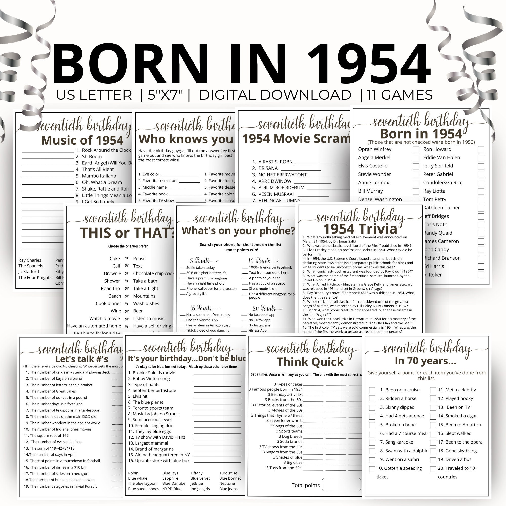 70th Birthday Party Games Born In 1954 Game 1954 Birthday Games 70th