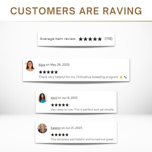 May include: Image displaying customer reviews with the text "CUSTOMERS ARE RAVING." The reviews include an average item review with five stars, and individual reviews from Kara, April, and Katelyn, each with five-star ratings and positive comments.