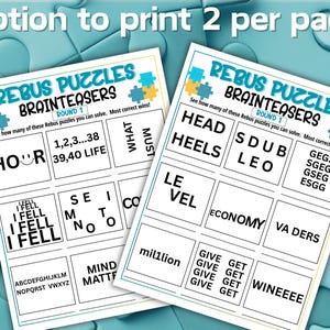 May include: Two white sheets of paper featuring Rebus Puzzles Brainteasers Round 1, with black text and blue and yellow puzzle piece graphics. The sheets include various word-based riddles and letter arrangements designed for solving puzzles.