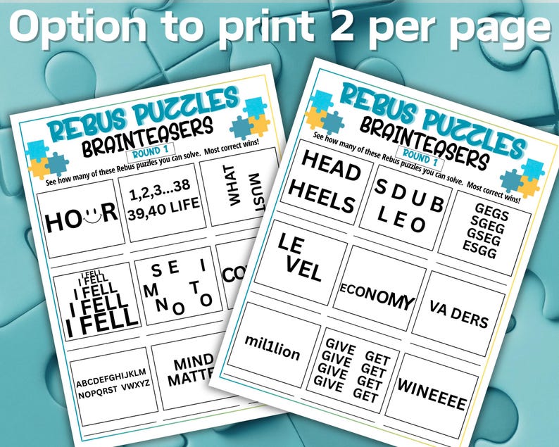 May include: Two white sheets of paper featuring Rebus Puzzles Brainteasers Round 1, with black text and blue and yellow puzzle piece graphics. The sheets include various word-based riddles and letter arrangements designed for solving puzzles.
