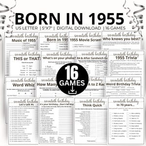 70er Geburtstag Partyspiele, 1955 geboren Spiel, 1955 Geburtstagsspiele, 70er Jahre Spiel Bundle Geschenk, 1955 Trivia Quiz, 1955 Popkultur Spiel