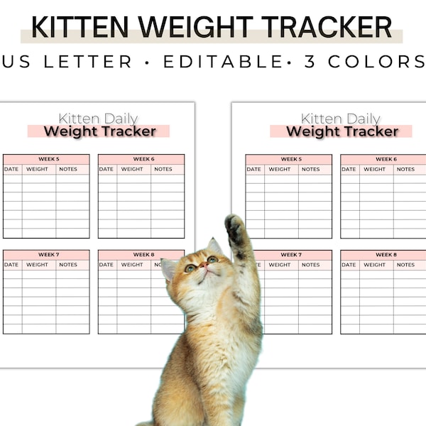 Kitten Daily Weight Tracker, Cat and Kitten Weight Record - Editable PDF D001