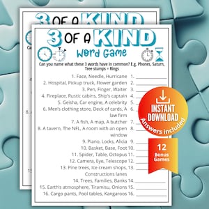 Pop Culture Trivia Game, 3 of a Kind Word Quiz,Printable Game for Kids Teens Adults, Family Game Night, Office Party Fun, Word Trivia