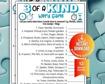 Pop Culture Trivia Game, 3 of a Kind Word Quiz,Printable Game for Kids Teens Adults, Family Game Night, Office Party Fun, Word Trivia