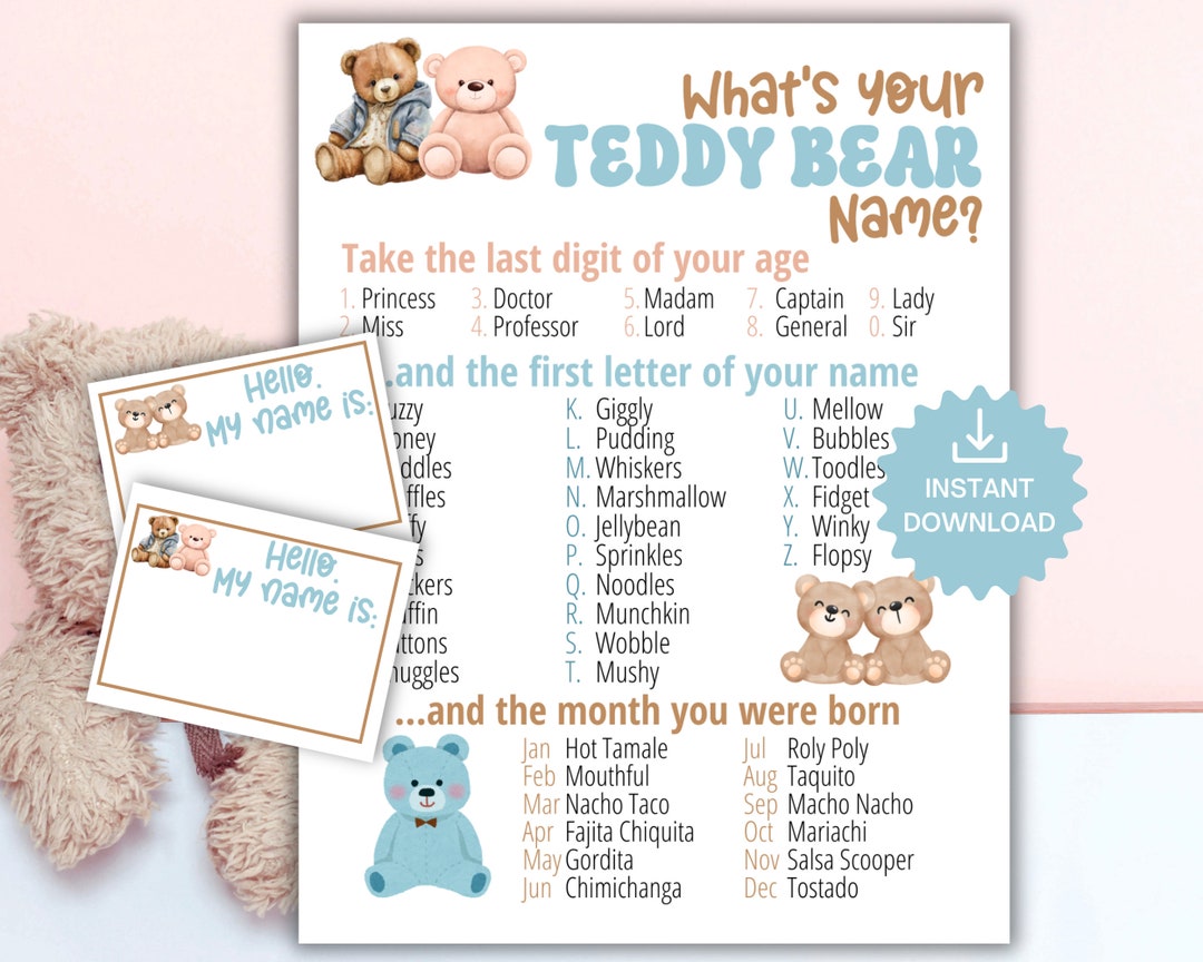 What s Your Teddy Bear Name Game WITH NAMETAGS SIGN Game Teddy Bear 