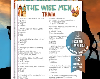 Może przedstawiać: Wydrukowany arkusz z grą typu ciekawostki zatytułowany The Wise Men Trivia, zawierający czternaście pytań wielokrotnego wyboru dotyczących historii biblijnej. Dokument zawiera ilustracje trzech postaci w szatach, skrzyni ze skarbami i złotego dzbana.