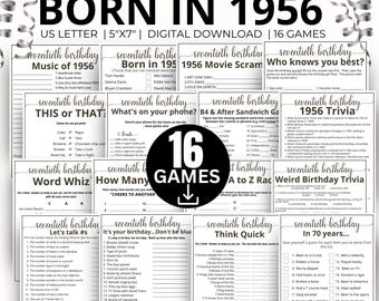 Partygames 70e verjaardag, Born in 1956 Game, 1956 Birthday Games, 70e verjaardag Game Bundle Gift, 1956 Trivia Quiz, 1956 Pop Culture Game