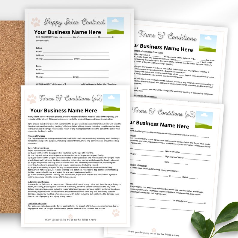 May include: A set of four white paper documents with text, including a puppy sales contract and terms and conditions. The documents have a paw print design and are on a corkboard background.