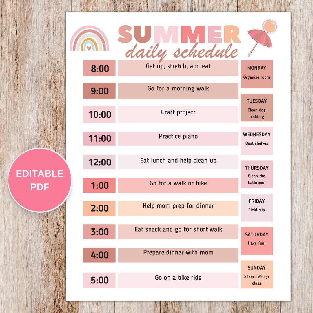 Summer Daily Schedule, Daily Routine - Editable PDF - Etsy