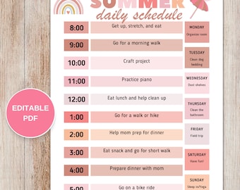 Summer Daily Schedule, Daily Routine - Editable PDF