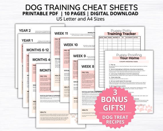 Dog Training Cheat Sheets, Best Selling Dog Training Handbook,Puppy Training for new Puppy & Dog owners,Dog training potty log,Printable PDF
