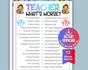 Może przedstawiać: Arkusz do gry z tytułem Teacher What's Worse? zawierający listę scenariuszy szkolnych do porównania. Projekt zawiera emoji nauczyciela, niebieskie i czerwone znaki zapytania oraz okrągłą odznakę z napisem Instant Download.