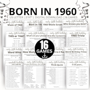 65th Birthday Party Games, Born in 1960 Game, 1960 Birthday Games, 65th Birthday Game Bundle Gift, 1960 Trivia Quiz, 1960 Pop Culture Game