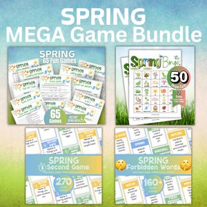 May include: A Spring Mega Game Bundle with various printable games. The bundle includes 65 fun games, Spring Bingo with 50 unique cards, a Second Game with 270 game cards, and Spring Forbidden Words with 160+ game cards. The games feature spring-themed graphics.