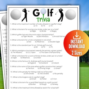 May include: A printable golf trivia quiz with 13 questions. The quiz is on a green background with a golf course in the background. The quiz is titled "Golf Trivia" and has a download button with the text "Instant Download 2 Sizes".