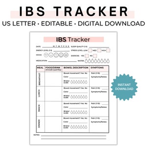 May include: Printable IBS tracker with a pink and black design. The tracker includes sections for date, energy level, mood, medication, sleep quality, stress level, exercise, water, meal, food and drink, bowel description, and symptoms. The tracker also includes a section for notes.