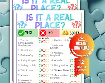 Weird and Wacky Geography Trivia,Is it a Real Place Pop Culture Game,Printable Game for Adults & Seniors,Family Game Night,Funny Office Quiz