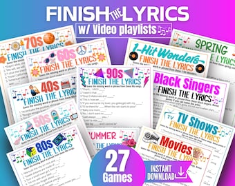 Finish the Lyrics Trivia Game Bundle,90s 80s 70s 60s 50s 40s Music Games for Kids Teens Adults &Seniors,Memory for Seniors,Song Trivia Party