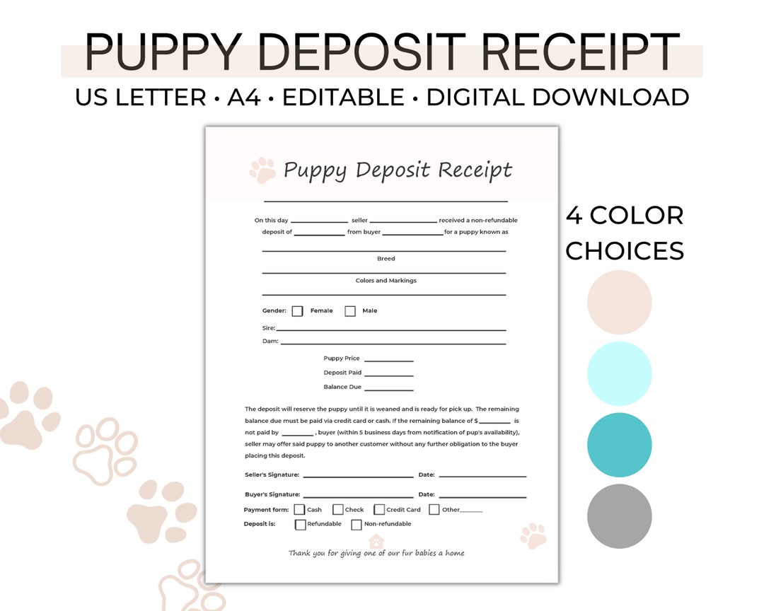 Puppy Deposit Receipt, Dog Breeder Forms, Best Selling Puppy Deposit ...
