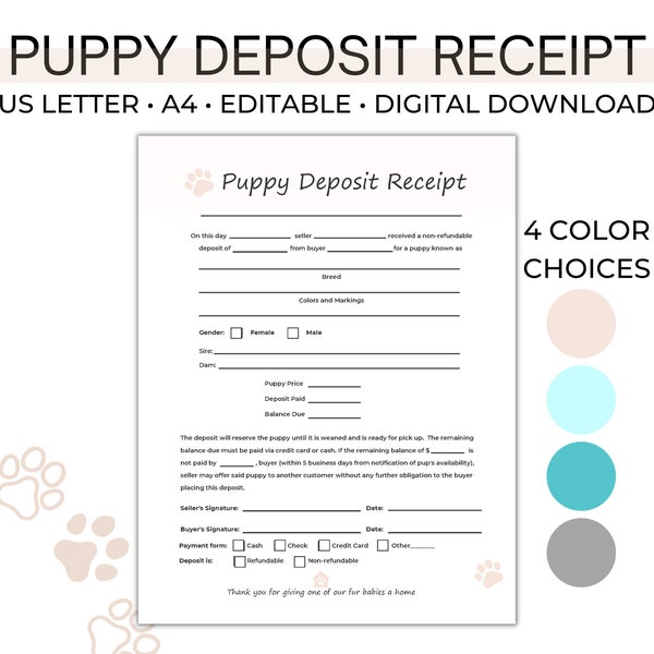 Ricevuta di deposito del cucciolo, moduli per allevatore di cani, PDF stampabile D001