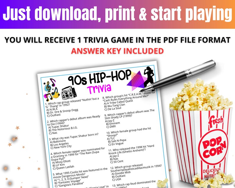 K&ouml;nnte beinhalten: Ein 90er-Jahre Hip-Hop-Quizspiel im PDF-Format mit einem Antwortschl&uuml;ssel. Das Spielblatt liegt neben einem Stift und einem Beh&auml;lter mit frischem Popcorn. Der Text auf dem Popcornbeh&auml;lter lautet "fresh POPCORN DELICIOUS NUTRIT".