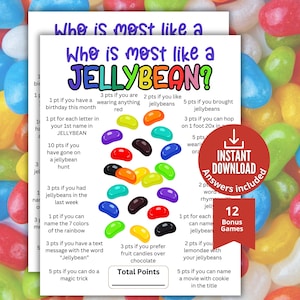 May include: A colorful game sheet titled "Who is most like a Jellybean?" with various point-based questions and a graphic of jellybeans. Includes a red circle with "Instant Download" and "12 Bonus Games".