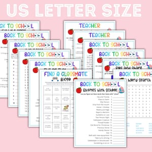 May include: A collection of US Letter size printable activity sheets for back to school, featuring games like word search, bingo, and rhyming challenges. Each white page includes colorful headers, apple illustrations, and text prompts for students.