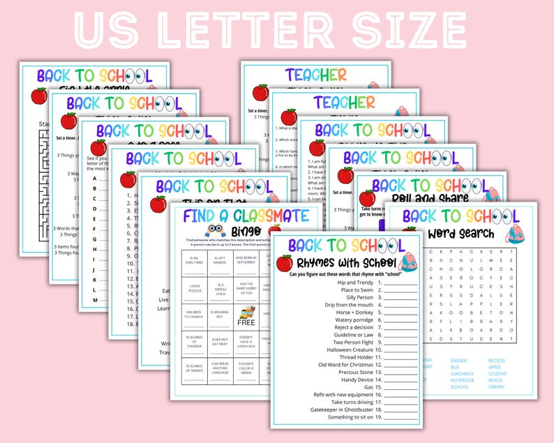 May include: A collection of US Letter size printable activity sheets for back to school, featuring games like word search, bingo, and rhyming challenges. Each white page includes colorful headers, apple illustrations, and text prompts for students.