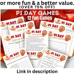 K&ouml;nnte beinhalten: Ein Set mit 12 druckbaren Pi-Tag-Spielen mit einem Kuchen-Thema. Die Spiele beinhalten "So einfach wie Pi", "Wie viele W&ouml;rter", "Schnell denken", "Quizspiel" und "Wortsuche".
