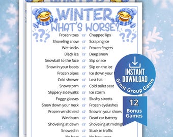 Może przedstawiać: Biała karta do gry z tytułem Winter What's Worse?, niebieskim tekstem, dwoma śmiejącymi się emoji w niebieskich zimowych czapkach i szalikach oraz listą zimowych scenariuszy. Niebieska okrągła odznaka zawiera napis Instant Download.