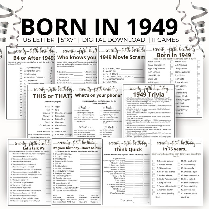 75th Birthday Party Games, Born in 1949 Game, 1949 Birthday Games, 75th Birthday Games,75th Birthday Gift Ideas image 1
