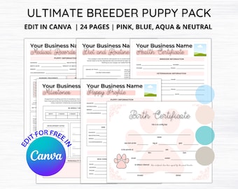 May include: A printable puppy pack for breeders with 24 pages of customizable templates. The pack includes forms for medical records, diet and routine, health certificate, milestones, puppy profile, and birth certificate. The templates are designed in pink, blue, aqua, and neutral colors.