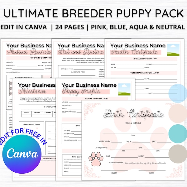 Editable Breeder Puppy Pack, Dog Breeder Records, Dog Breeder Forms, Puppy Vaccination, Dog Vaccination, Edit for Free in Canva D001