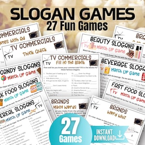 Slogan Game Bundle, TV Commercial Quiz, Cereal Slogans, Pop Culture Games for Kids&Adults, Family Game Night, Office Party, TV Show Party