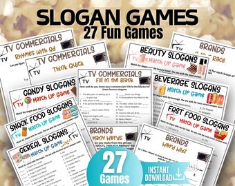Slogan Game Bundle, TV Commercial Quiz, Cereal Slogans, Pop Culture Games for Kids&Adults, Family Game Night, Office Party, TV Show Party