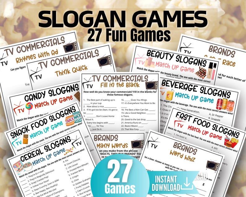 Slogan Game Bundle, TV Commercial Quiz, Cereal Slogans, Pop Culture Games for Kids&Adults, Family Game Night, Office Party, TV Show Party image 1